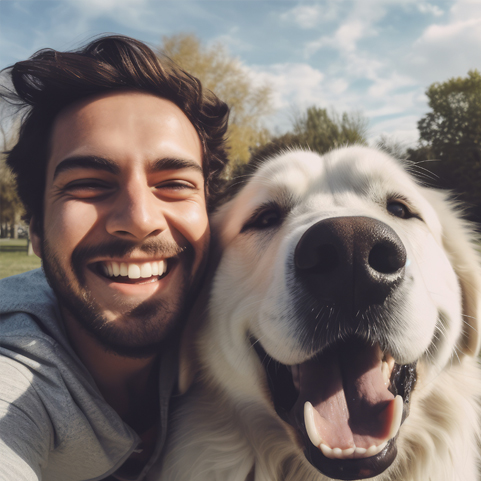 Smiling walker taking a selfie with a big white dog
